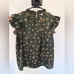 THML Dark Green Floral Ruffle Sleeve Blouse